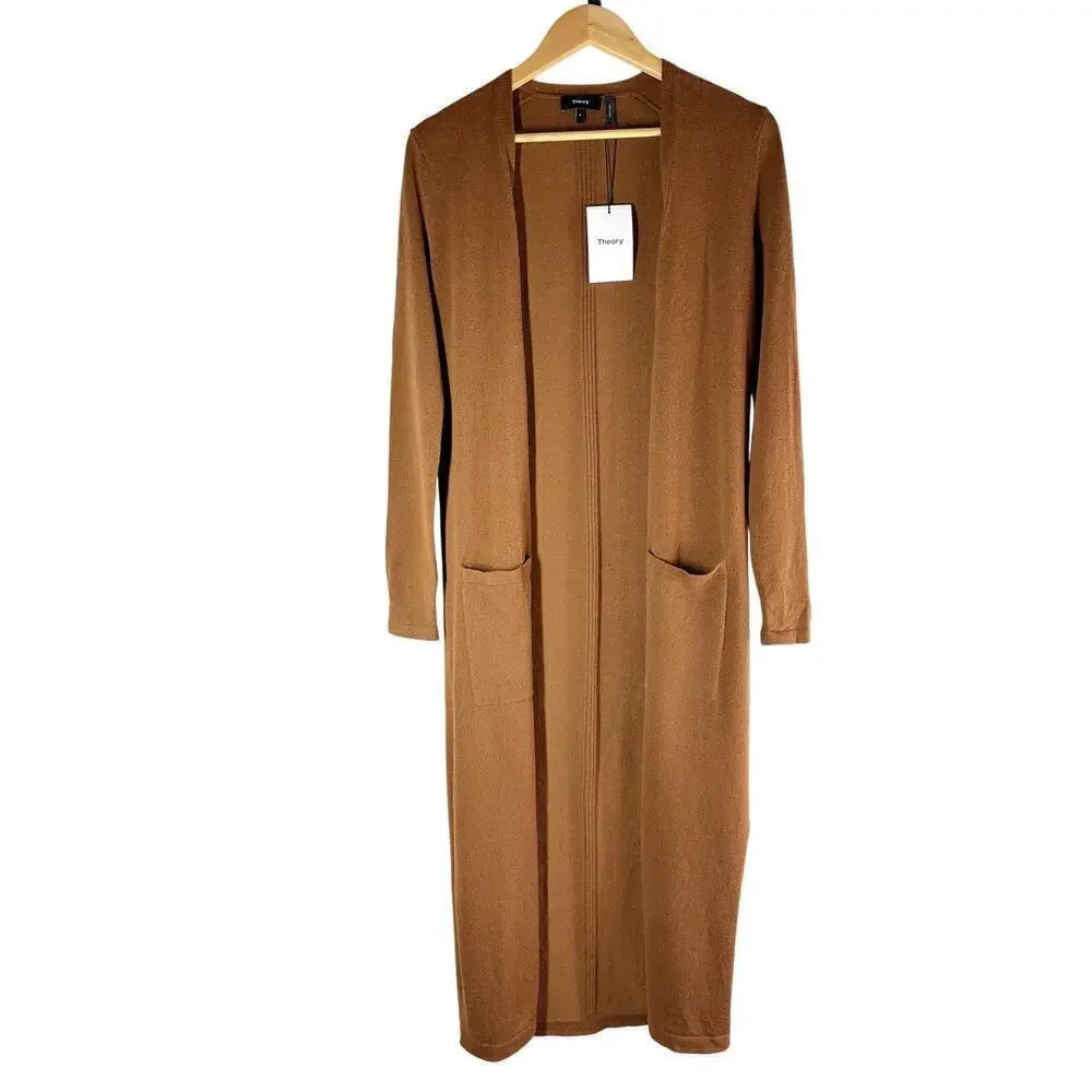 THEORY Torina Long Line 100% Cashmere Open Front Cardigan Syrup Small Neutral